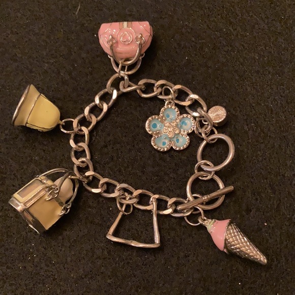 Charm Bracelet Silver Tone Pink, Turquoise Black Yellow Costume Jewelry 7 Charms - Picture 7 of 8